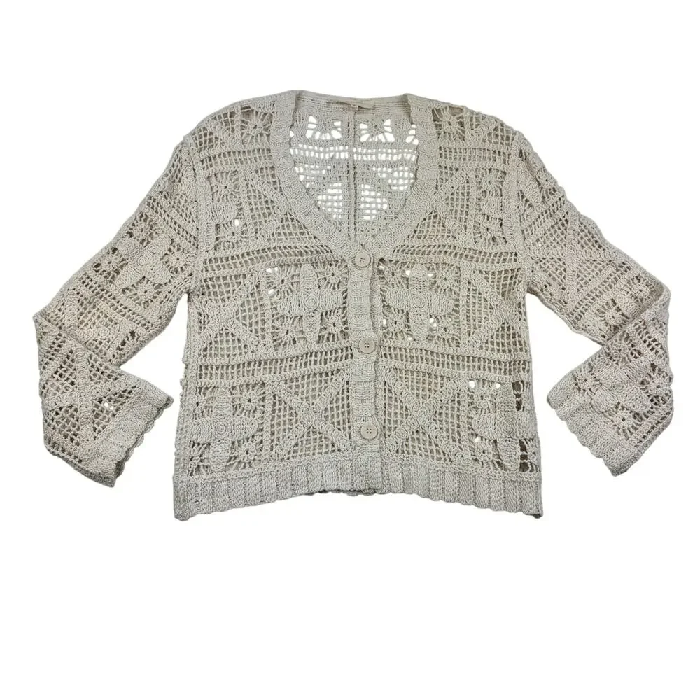 Solitaire Boho Hippie Open Knit Crochet Cotton Cardigan Women's Size Medium